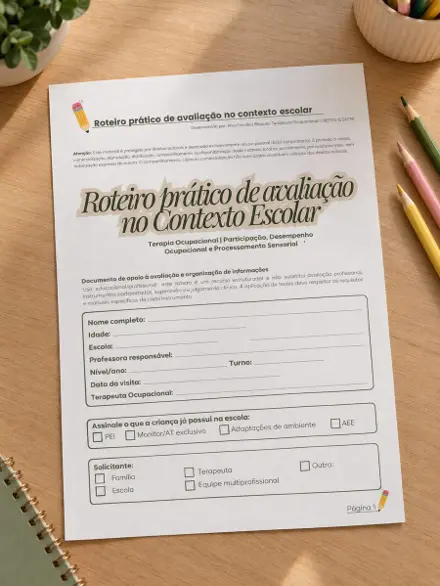 Primeira página do roteiro impresso sobre uma mesa, com campos de identificação da criança e da escola